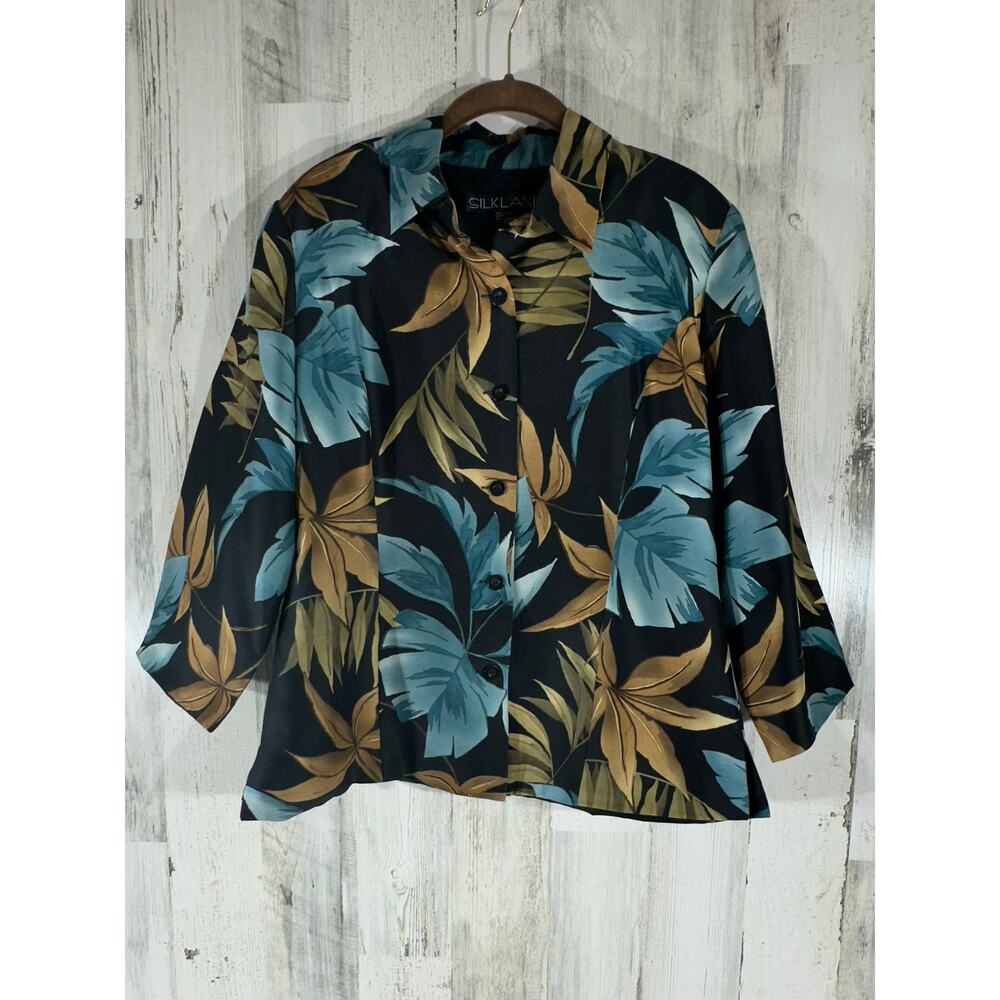 Silkland Button Front Blouse‎ Size 12 Tropical Hawaiian Floral 3/4 Sleeve